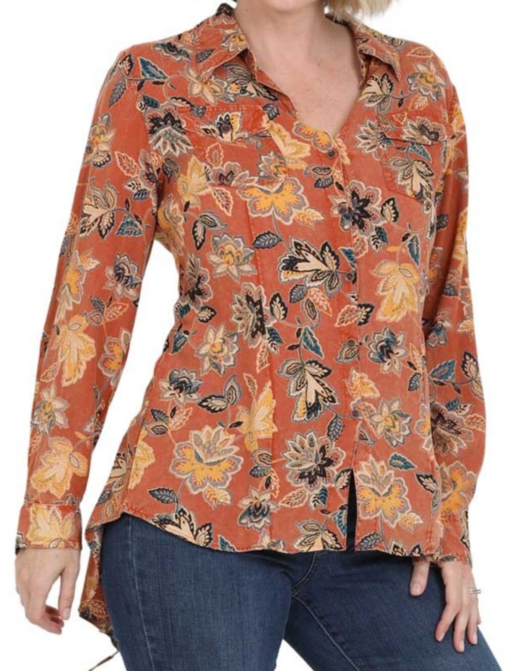 LOLA P Brown Floral Hi -Low Long Sleeve Bohemian Size Large